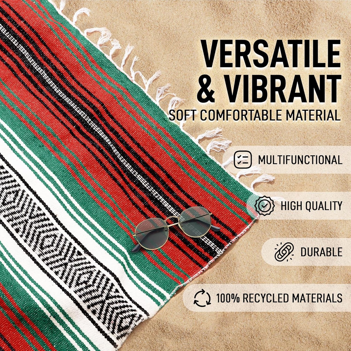 Hydration Nation Authentic Large Handwoven Mexican Blanket - Soft Yoga - Durable Serape - Lightweight Falsa, Beach, Camping, Picnic, Outdoor 70"x50" - Mandarin