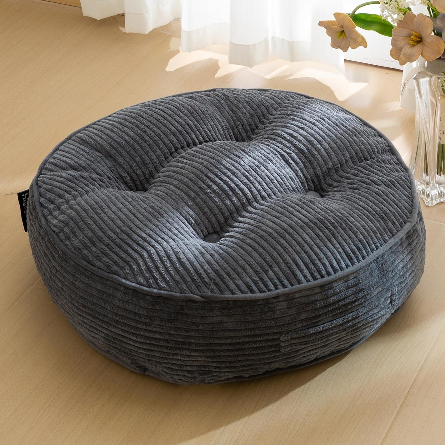 HIGOGOGO Floor Pillow Cushion for Adults, Meditation Cushion Pillow, Large Square Floor Sitting, Tufted Corduroy Cover, for Tatami Living Room or Yoga, 22x22 Inch, Dark Grey