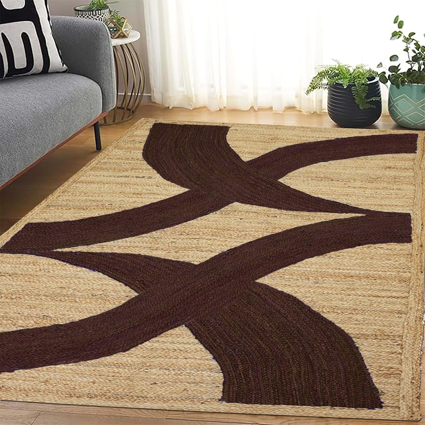 Premium Quality Jute Rug 4x6 Feet Area Rug Natural Fiber Jute Rugs Thick 0.27" Black Abstract Pattern Geometric Rugs for Kids Room, Living Room, Yoga Mat, Indoor Outdoor Carpet - Colors A