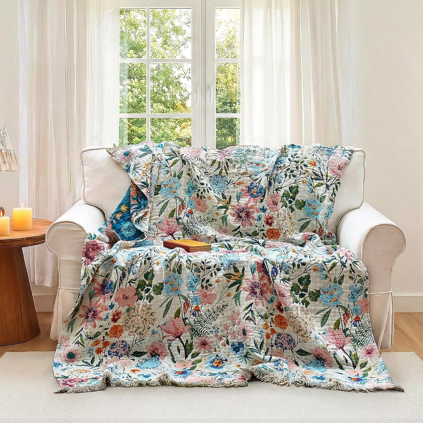 Boho Throw Blanket - 100% Cotton Soft Summer Throw Blanket for Bed, 50"x60" Reversible Breathable Lightweight Blankets, All Seasons Farmhouse Decor Floral Plant Butterfly Throw Quilt