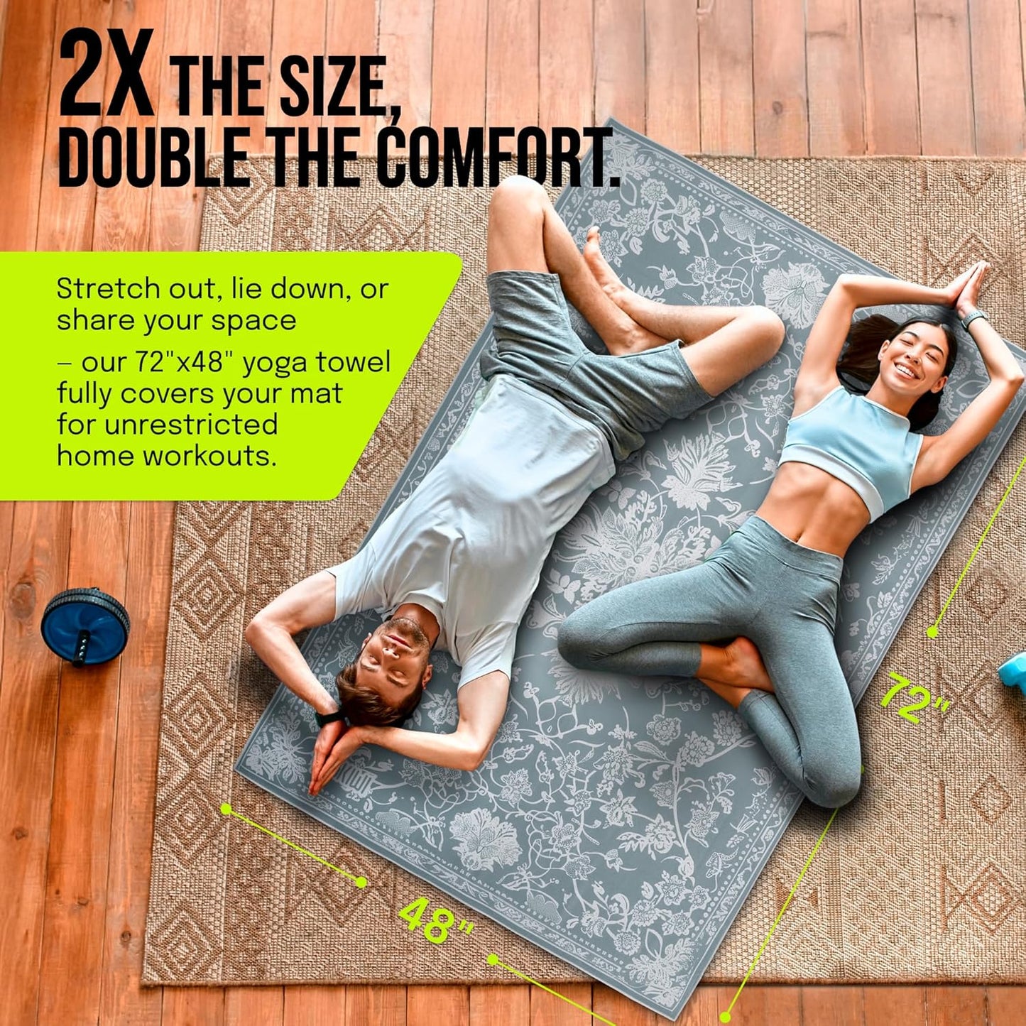 gogoKIWI Large Yoga Towel 72"x48" - Non-Slip Hot Yoga Towel with Corner Pockets & Full Silicone Backing, Printed Carpet-Style Design for Home Workouts, Pilates & Yoga