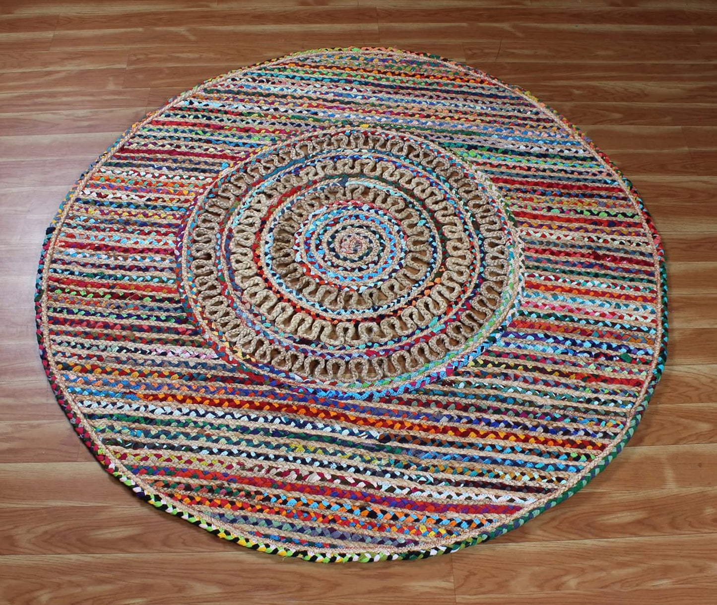 Collection Circle Area Rug - 3 x 3 Ft' Beige and Black Geometric Pettern Jute Mat Ideal for High Traffic Area in Hallway Bedroom Living Room Dining Room Kitchen Terrace Yoga Mat