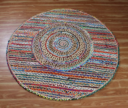 Collection Circle Area Rug - 3 x 3 Ft' Beige and Black Geometric Pettern Jute Mat Ideal for High Traffic Area in Hallway Bedroom Living Room Dining Room Kitchen Terrace Yoga Mat