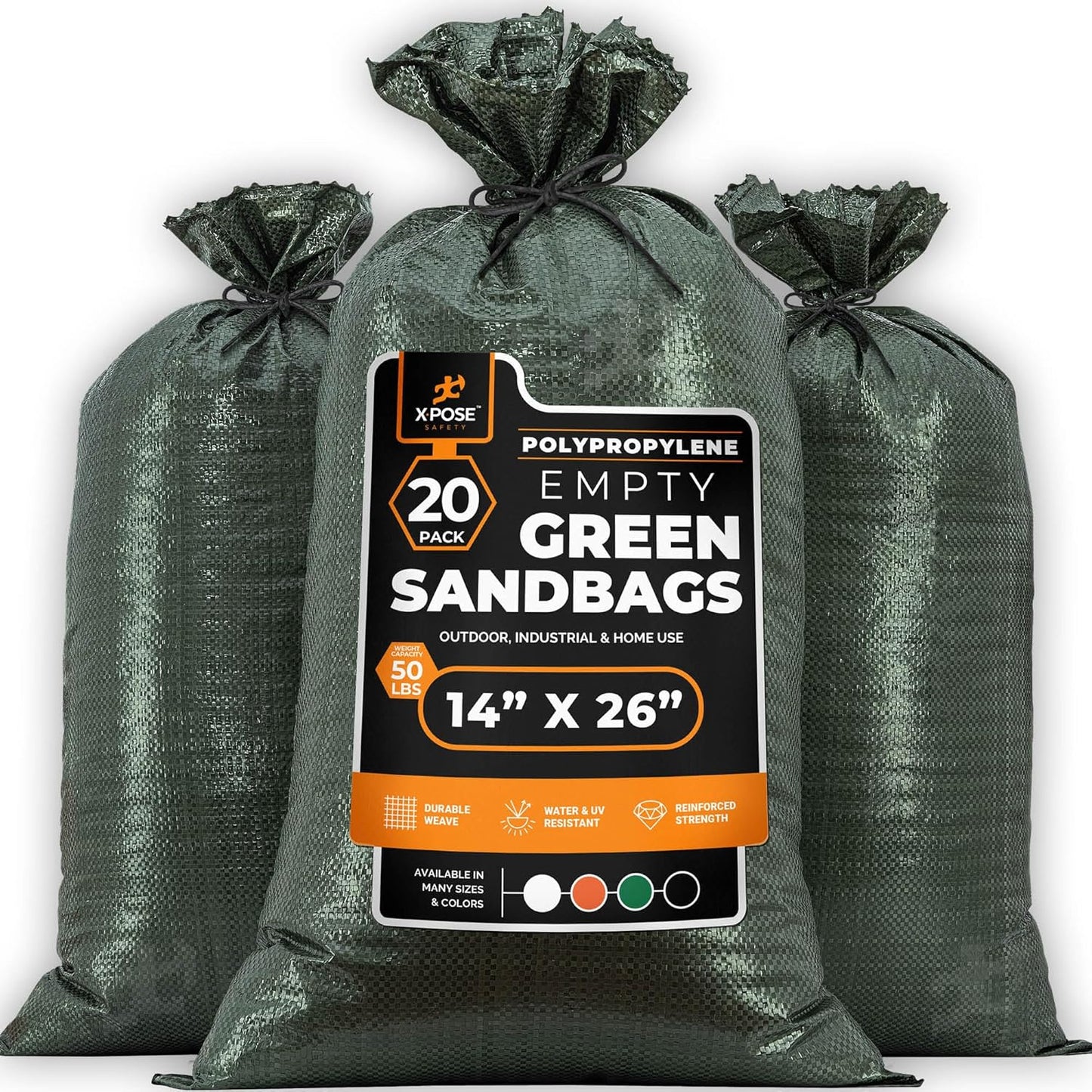 Xpose Safety Heavy Duty Sand Bags with Tie Strings – Empty Woven Polypropylene Sandbags for Hurricane Flood Protection, 50 lb Capacity, 14" x 26", White, Pack of 10