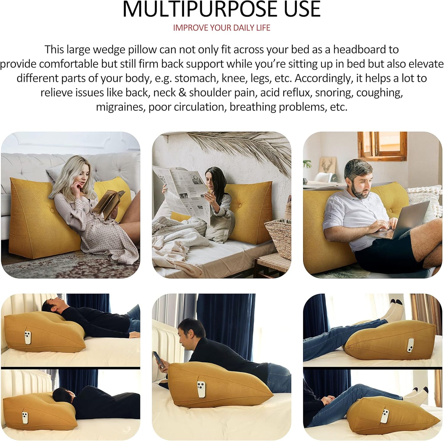 Cotton Linen Daybed Pillow Large Filled Triangular Soft Headboard Wedge Cushion Bed Backrest Positioning Support Reading Pillow for Adult Shoulder Lumbar Leg Bolster（Yellow, Small）
