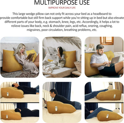 Cotton Linen Daybed Pillow Large Filled Triangular Soft Headboard Wedge Cushion Bed Backrest Positioning Support Reading Pillow for Adult Shoulder Lumbar Leg Bolster（Yellow, Small）