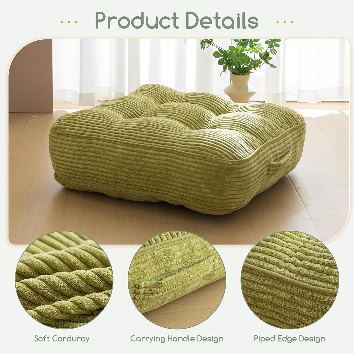 HIGOGOGO Floor Pillow Cushion for Adults, Meditation Cushion Pillow, Large Square Floor Sitting, Tufted Corduroy Cover, for Tatami Living Room or Yoga, 22x22 Inch, Dark Grey
