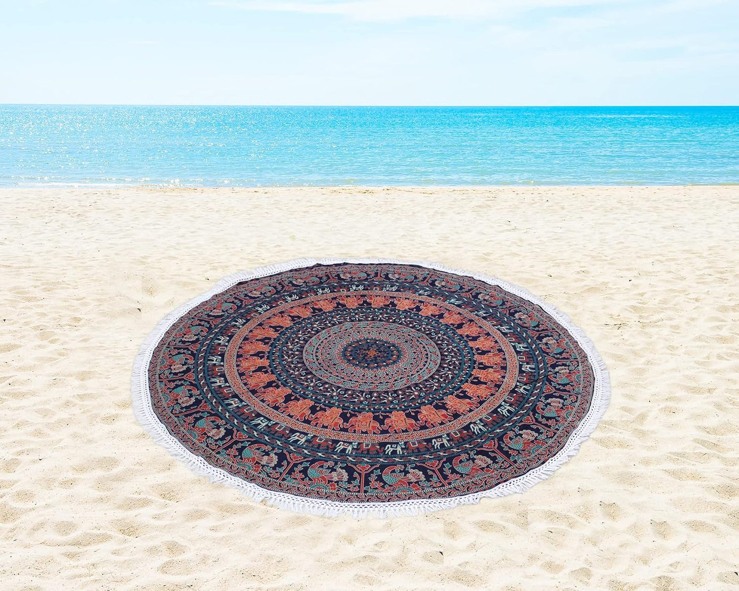 Mandala Round Beach Tapestry Boho Hippie Blanket Bohemian Large Table Cloth Home Decor Yoga Mat Meditation Picnic Rug Throw Hippy Gypsy Tablecloth Roundie (42 Inches, Orange And Blue)