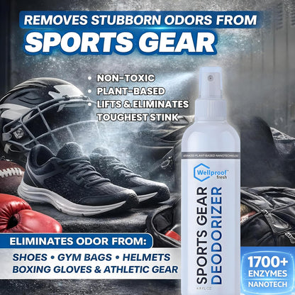 Wellproof 2-in-1 Sports Gear Cleaner & Odor Eliminator - 3X Powerful Nano-Enzyme Deodorizer for Athletic Gear, Baseball, Hockey, Football, Boxing, MMA, Gym Bag | Plant-Based | Remove Stink & Dirt
