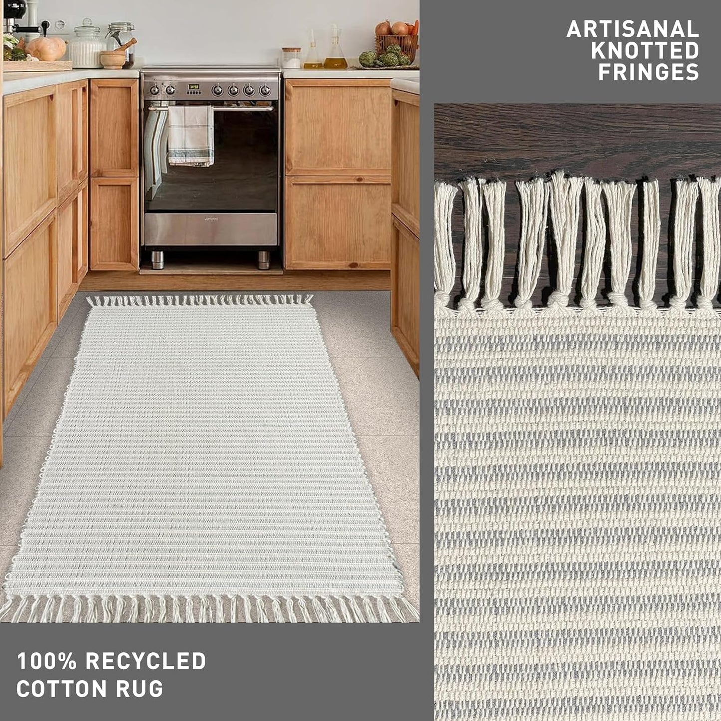 Chardin home Beige & Ivory Providence Runner 2.5x8 feet |Hand Woven Farmhouse Rug with Hand Knotted Fringes|Great in Kitchens entryways Hallways Bathrooms Meditation Yoga Mat|Reversible Cotton Rug
