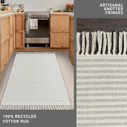 Chardin home Beige & Ivory Providence Runner 2.5x8 feet |Hand Woven Farmhouse Rug with Hand Knotted Fringes|Great in Kitchens entryways Hallways Bathrooms Meditation Yoga Mat|Reversible Cotton Rug