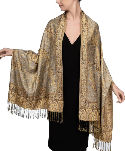 Achillea Reversible Paisley Pashmina Rave Scarf – Exotic Indian Shawls and Wraps for Evening Dresses, Festivals, All Seasons - Colors A