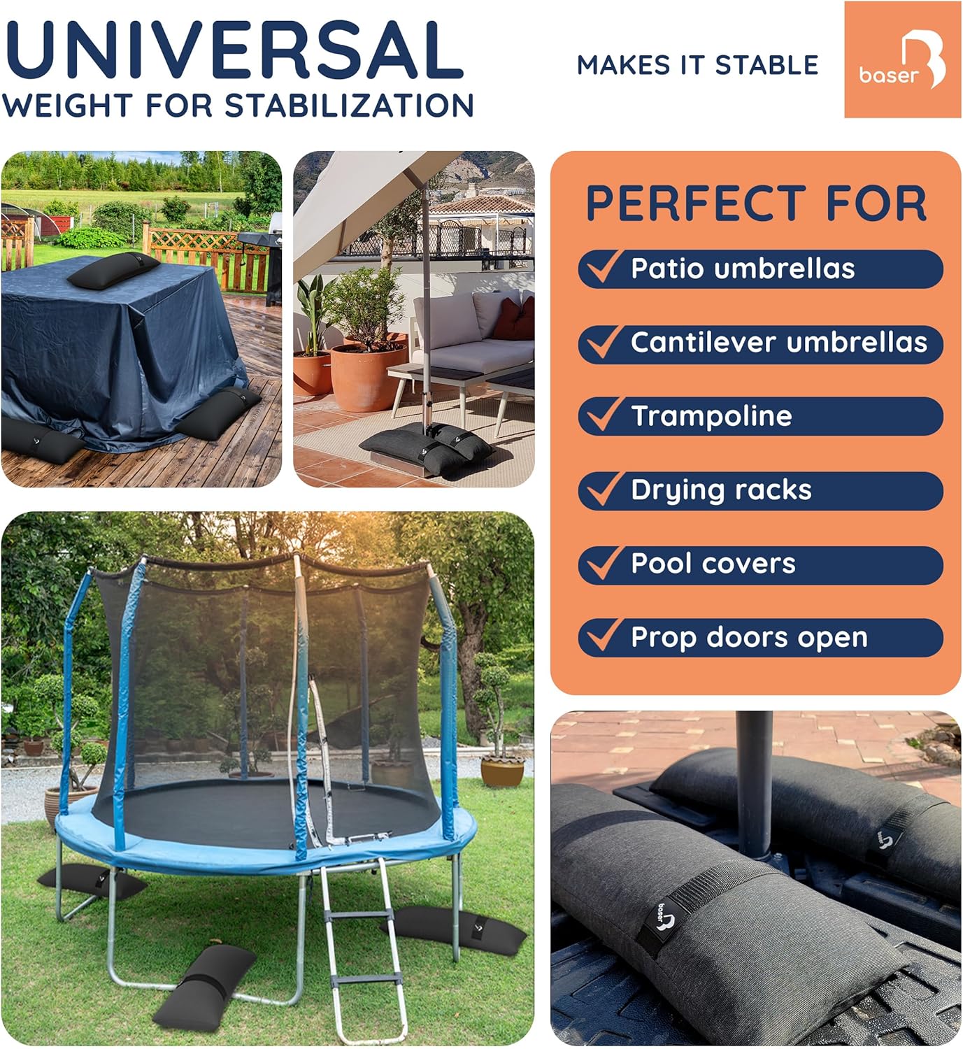 Baser Original Sandbags Fillable Weight Bags for Patio Umbrella Bases, Weather Resistant Recycled Polyester for Outdoor Furniture Windproof Stability