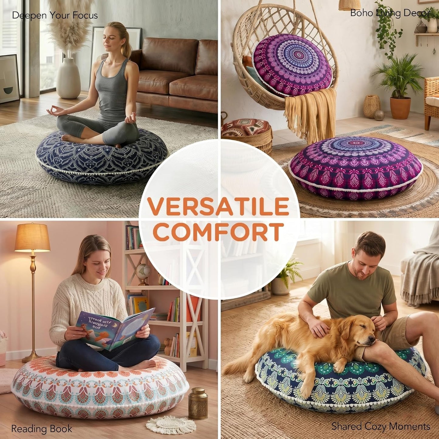 Codi Meditation Floor Pillow Set of 2, Round Large Pillows Seating for Adults, Bohemian Mandala Circle Cushion for Outdoor Fireplace Yoga Living Room, 32 Inch, Memory Foam Added, Purple Orchid NEW