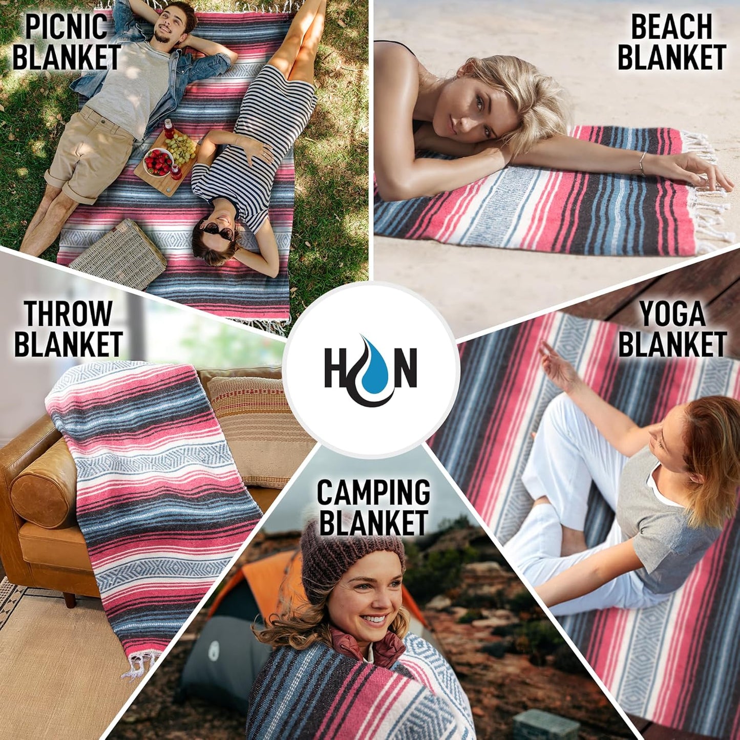 Hydration Nation Authentic Large Handwoven Mexican Blanket - Soft Yoga - Durable Serape - Lightweight Falsa, Beach, Camping, Picnic, Outdoor 70"x50" - Mandarin