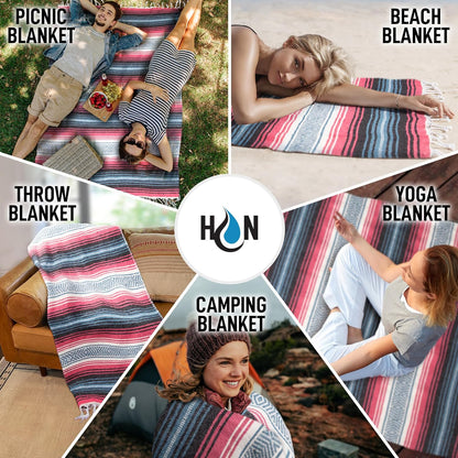 Hydration Nation Authentic Large Handwoven Mexican Blanket - Soft Yoga - Durable Serape - Lightweight Falsa, Beach, Camping, Picnic, Outdoor 70"x50" - Mandarin