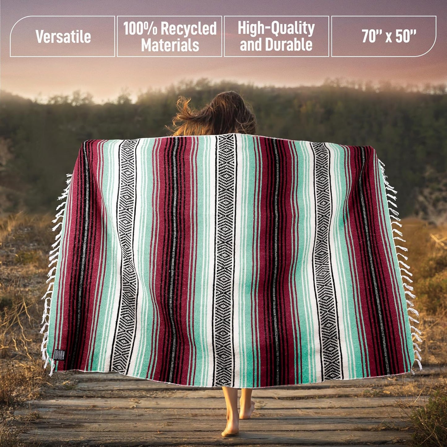 Hydration Nation Authentic Large Handwoven Mexican Blanket - Soft Yoga - Durable Serape - Lightweight Falsa, Beach, Camping, Picnic, Outdoor 70"x50" - Mandarin