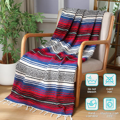 Oudain Mexican Blanket Woven Authentic Cotton Falsa Throw 45 x 70 Inch – Authentic Baja Serape Saddle Blanket Outdoor for Restorative Yoga, Beach, Picnic, Couch, Car Travel(Coastal Calm)