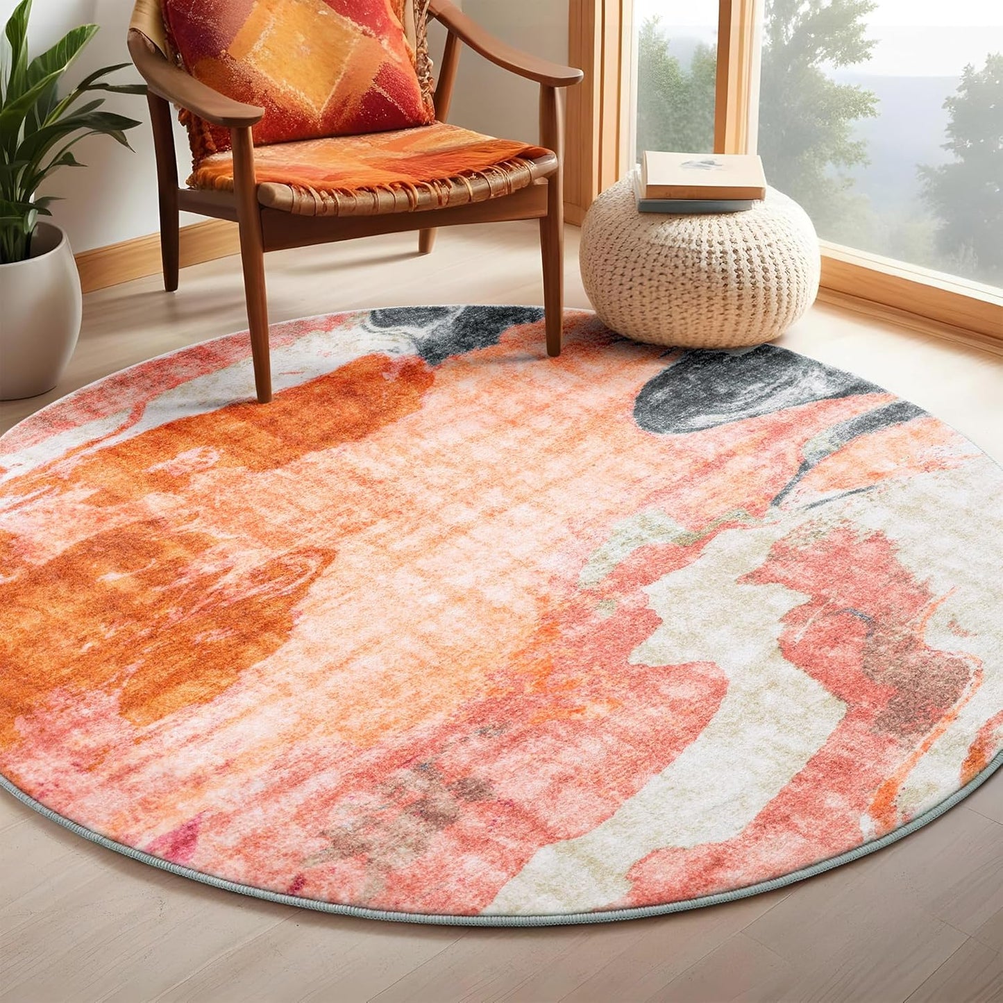 Carvapet 4ft Washable Round Rugs, Modern Abstract Circle Rug, Non Slip Rubber Backing Foldable Low Pile Carpet for Living Room Bedroom, 4ft Red/Orange Rug