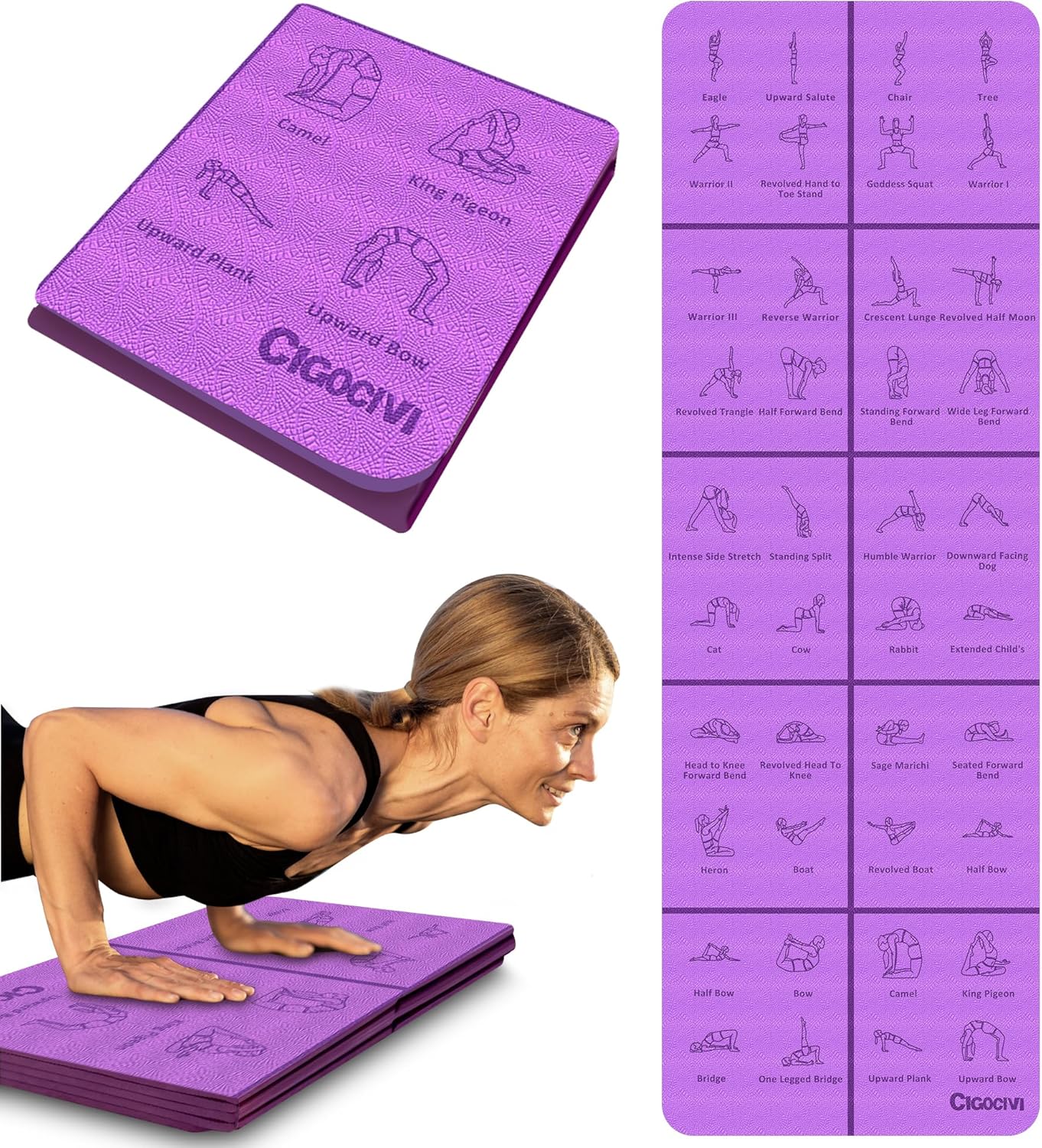 Foldable Thick Yoga Mat with Asanas Poses -Christmas Gifts for Wife and Girls, Non-slip 8mm Thicken Instructional Exercise Mat for Home Workout, 72"x24"x0.3" (Purple) ﻿