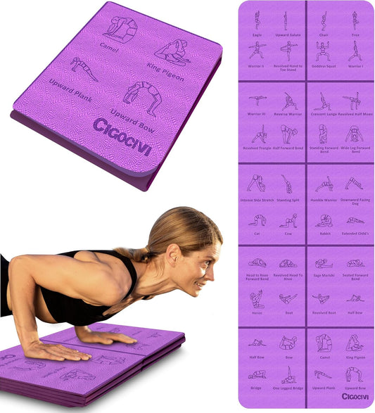Foldable Thick Yoga Mat with Asanas Poses -Christmas Gifts for Wife and Girls, Non-slip 8mm Thicken Instructional Exercise Mat for Home Workout, 72"x24"x0.3" (Purple) ﻿