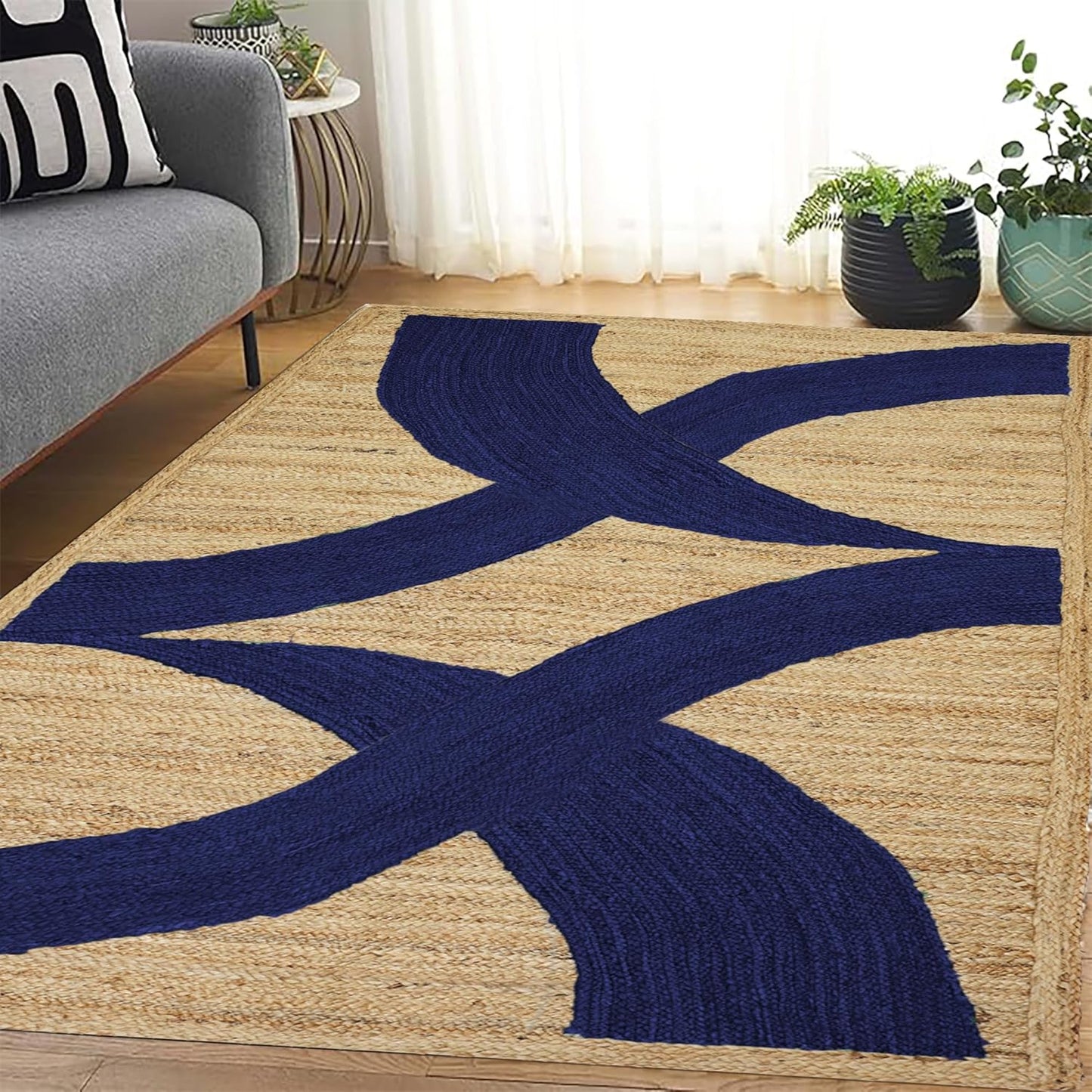Premium Quality Jute Rug 4x6 Feet Area Rug Natural Fiber Jute Rugs Thick 0.27" Black Abstract Pattern Geometric Rugs for Kids Room, Living Room, Yoga Mat, Indoor Outdoor Carpet - Colors A