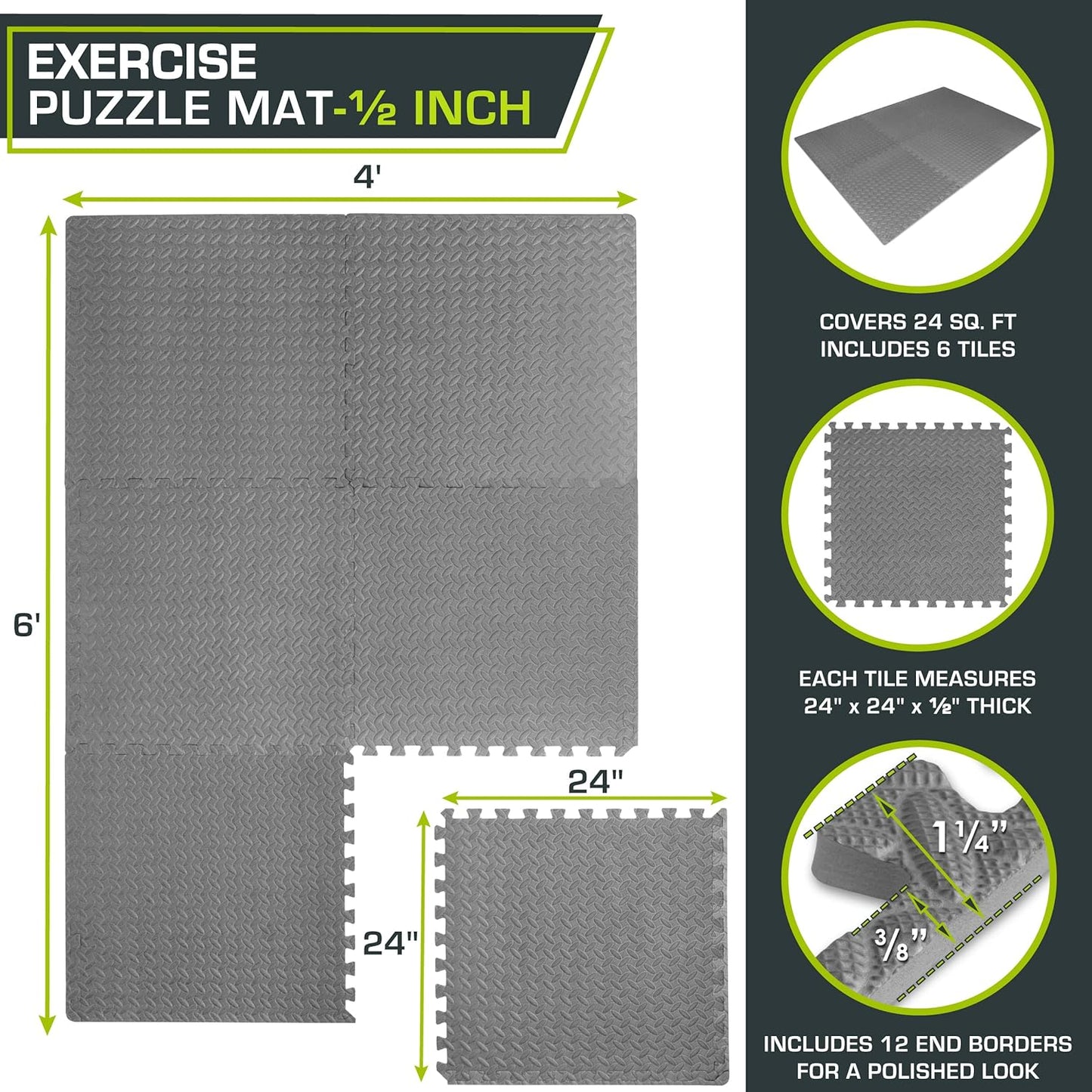 ProsourceFit Exercise Puzzle Mat ½-inch, EVA Interlocking Foam Floor Tiles for Home Gym, Workout Equipment, Kids Play Areas, Black, 24 SQ FT - 6 Tiles