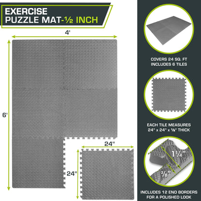 ProsourceFit Exercise Puzzle Mat ½-inch, EVA Interlocking Foam Floor Tiles for Home Gym, Workout Equipment, Kids Play Areas, Black, 24 SQ FT - 6 Tiles