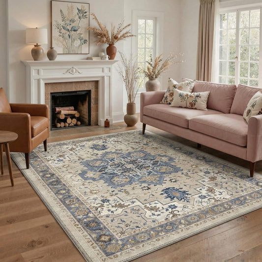 GENIMO 5X7 Area Rugs for Living Room, Machine Washable Non Slip Vintage Rugs, Low Pile Lightweight Chenille Print Rug for Bedroom, Dining Room, Home Office, Light Taupe Brown - Colors B
