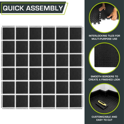 ProsourceFit Exercise Puzzle Mat ½-inch, EVA Interlocking Foam Floor Tiles for Home Gym, Workout Equipment, Kids Play Areas, Black, 24 SQ FT - 6 Tiles