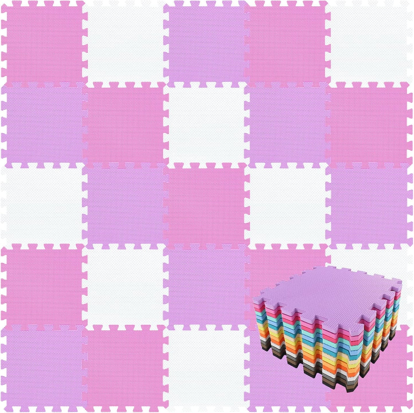 qqpp EVA Rubber 18 Tiles Interlocking Puzzle Foam Floor Mats - Baby Play Mat for Playing | Exercise Mat for Home Workout. White, Pink, Gray. QC-ACLb18N