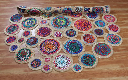 Collection Circle Area Rug - 3 x 3 Ft' Beige and Black Geometric Pettern Jute Mat Ideal for High Traffic Area in Hallway Bedroom Living Room Dining Room Kitchen Terrace Yoga Mat