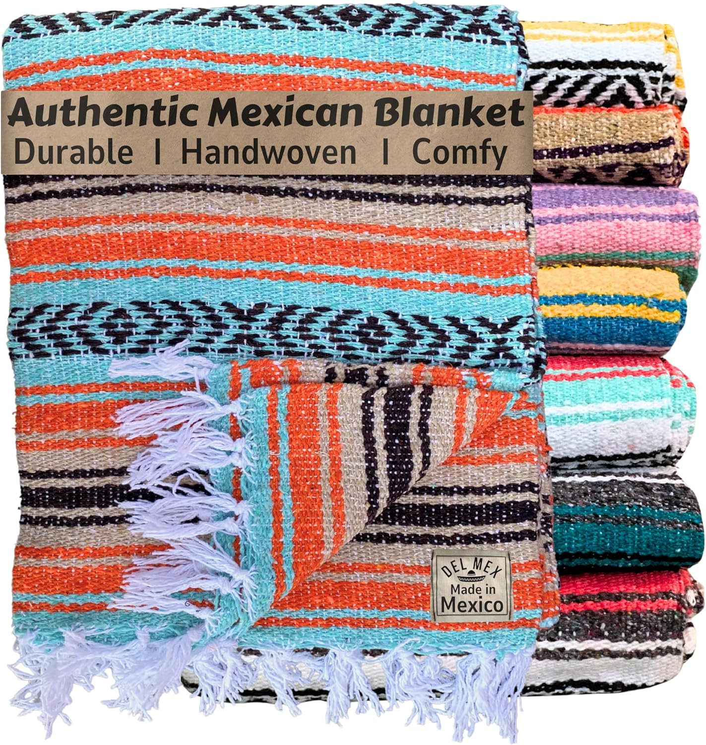 Del Mex Classic Mexican Blanket, Large Authentic Woven Falsa Throw (70"x50"), Artisan Southwest Décor for Beach, Yoga, Outdoors (Lavender)