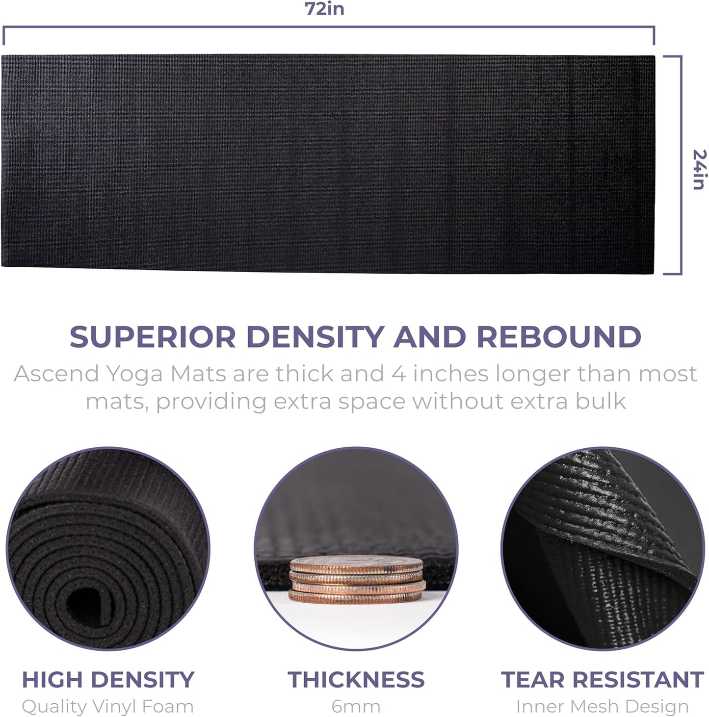 Ascend Yoga Mat - Premium 6mm Thick, 72" x 24", Solid or Reversible Print, Non Slip, Tear Resistant, Workout Mats for Pilates, Home, Studio, Fitness, Gym, Training, Floor Stretching