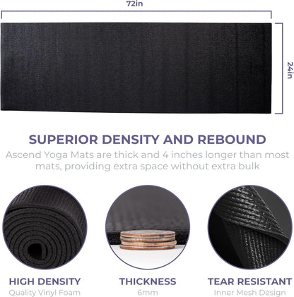 Ascend Yoga Mat - Premium 6mm Thick, 72" x 24", Solid or Reversible Print, Non Slip, Tear Resistant, Workout Mats for Pilates, Home, Studio, Fitness, Gym, Training, Floor Stretching