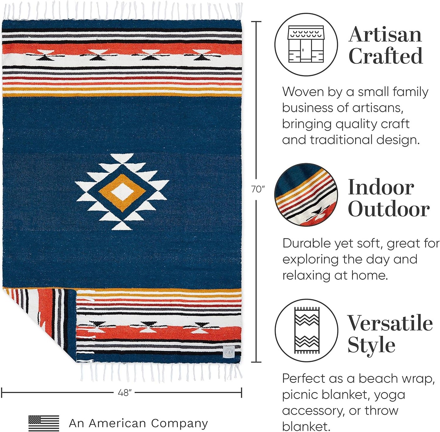 Mexican Blanket by Laguna Beach Textile Co - Beach, Yoga, Camping, or Decorative Throw Blanket - Traditional Handmade Serape (Ivory)