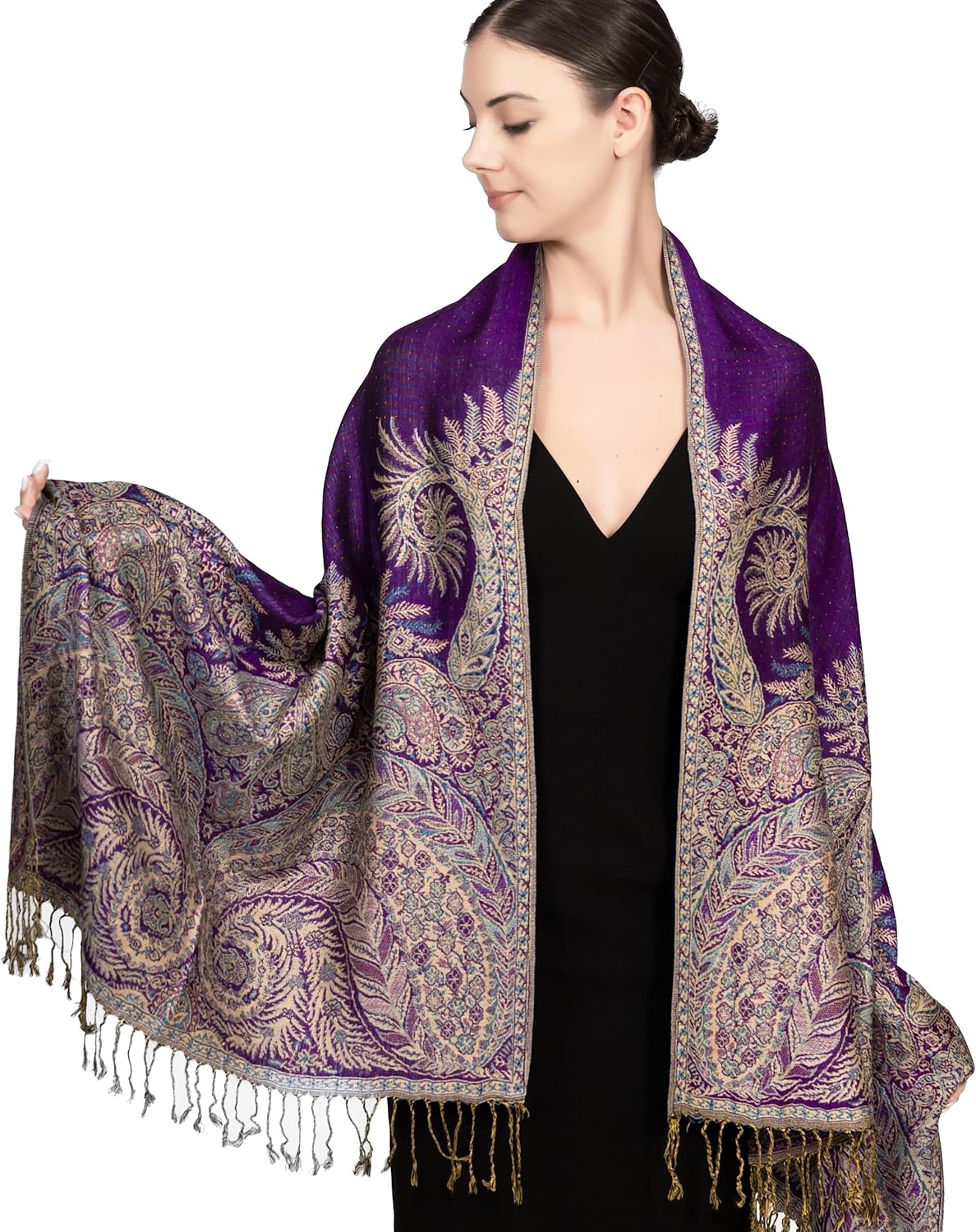 Achillea Reversible Paisley Pashmina Rave Scarf – Exotic Indian Shawls and Wraps for Evening Dresses, Festivals, All Seasons - Colors B