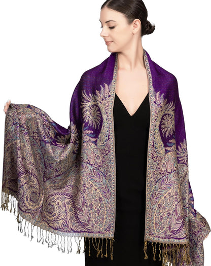 Achillea Reversible Paisley Pashmina Rave Scarf – Exotic Indian Shawls and Wraps for Evening Dresses, Festivals, All Seasons - Colors B