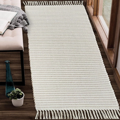 Chardin home Beige & Ivory Providence Runner 2.5x8 feet |Hand Woven Farmhouse Rug with Hand Knotted Fringes|Great in Kitchens entryways Hallways Bathrooms Meditation Yoga Mat|Reversible Cotton Rug