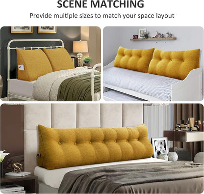 Cotton Linen Daybed Pillow Large Filled Triangular Soft Headboard Wedge Cushion Bed Backrest Positioning Support Reading Pillow for Adult Shoulder Lumbar Leg Bolster（Yellow, Small）