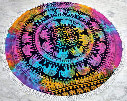 Mandala Round Beach Tapestry Boho Hippie Blanket Bohemian Large Table Cloth Home Decor Yoga Mat Meditation Picnic Rug Throw Hippy Gypsy Tablecloth Roundie (42 Inches, Orange And Blue)