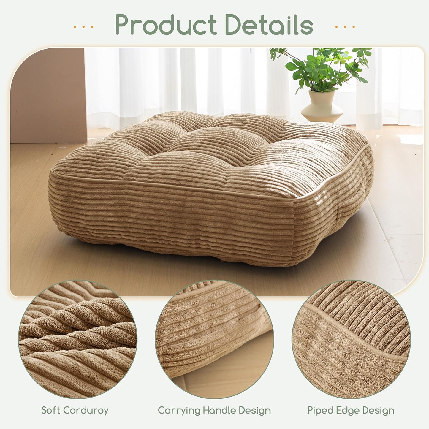 HIGOGOGO Floor Pillow Cushion for Adults, Meditation Cushion Pillow, Large Square Floor Sitting, Tufted Corduroy Cover, for Tatami Living Room or Yoga, 22x22 Inch, Dark Grey