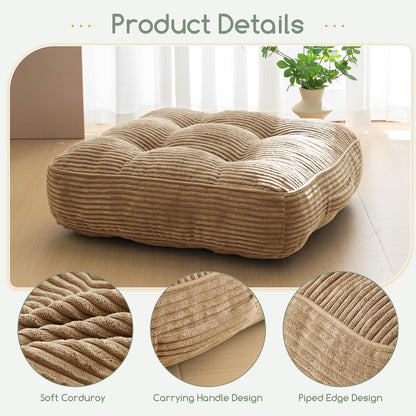 HIGOGOGO Floor Pillow Cushion for Adults, Meditation Cushion Pillow, Large Square Floor Sitting, Tufted Corduroy Cover, for Tatami Living Room or Yoga, 22x22 Inch, Dark Grey