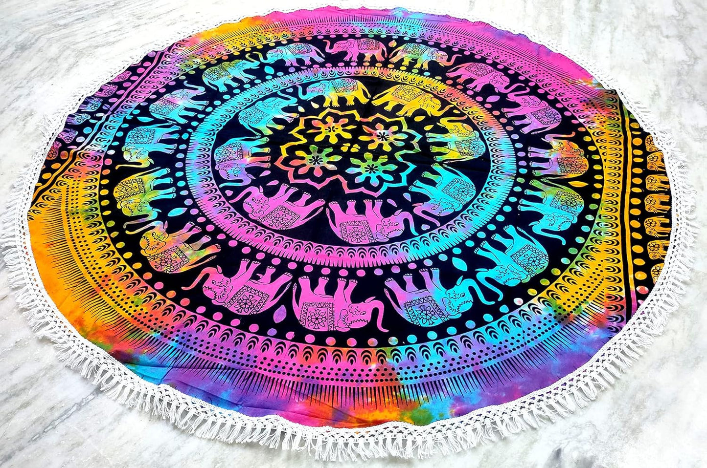Mandala Round Beach Tapestry Boho Hippie Blanket Bohemian Large Table Cloth Home Decor Yoga Mat Meditation Picnic Rug Throw Hippy Gypsy Tablecloth Roundie (42 Inches, Orange And Blue)