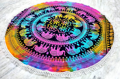 Mandala Round Beach Tapestry Boho Hippie Blanket Bohemian Large Table Cloth Home Decor Yoga Mat Meditation Picnic Rug Throw Hippy Gypsy Tablecloth Roundie (42 Inches, Orange And Blue)