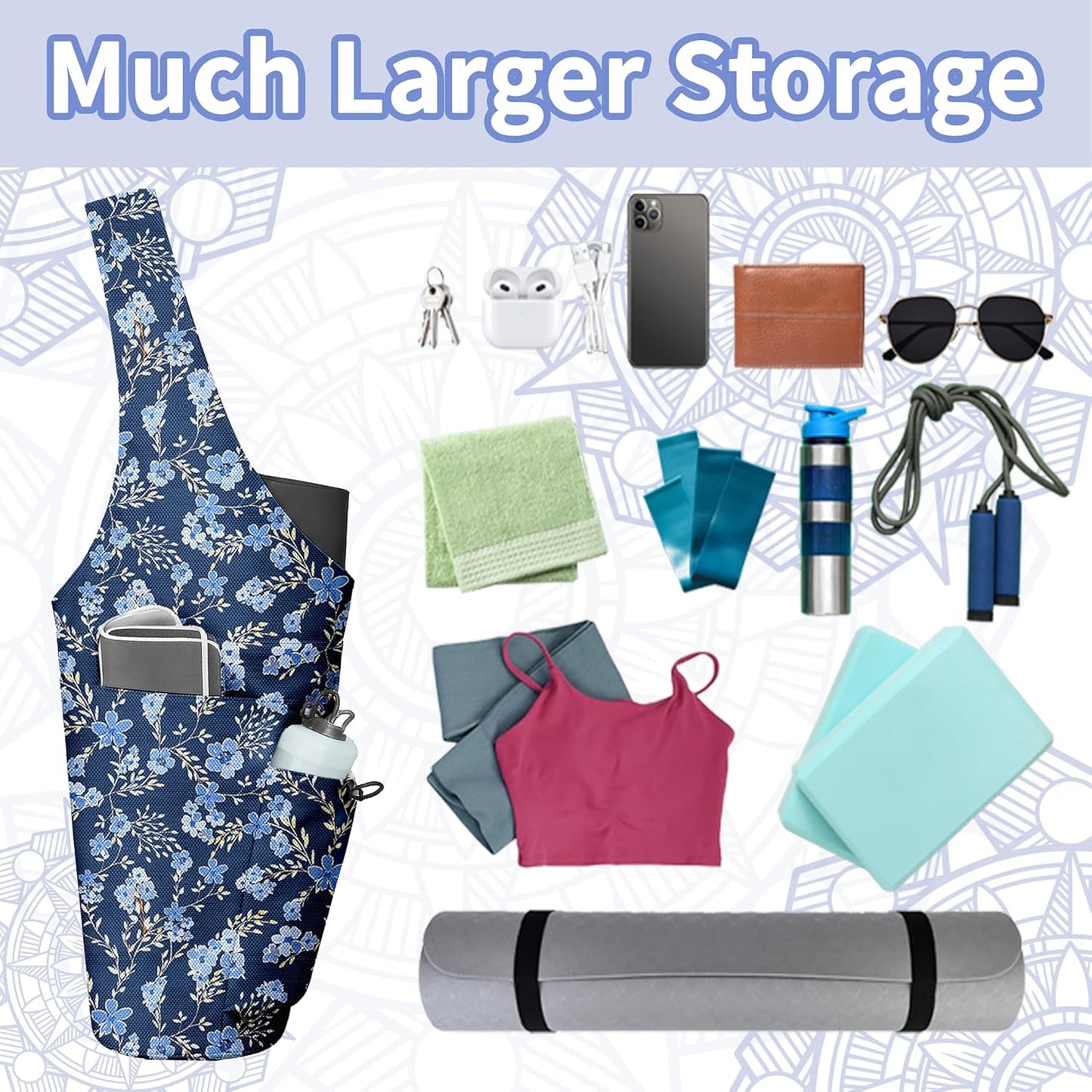 Yoga Bag for Women, Large Yoga Mat Bag Tote Carrier with Wet Dry Pocket, Water Bottle Holder & Adjustable Strap, Fits 1/2" Thick Yoga Mat for Gym, Pilates, Travel, Work