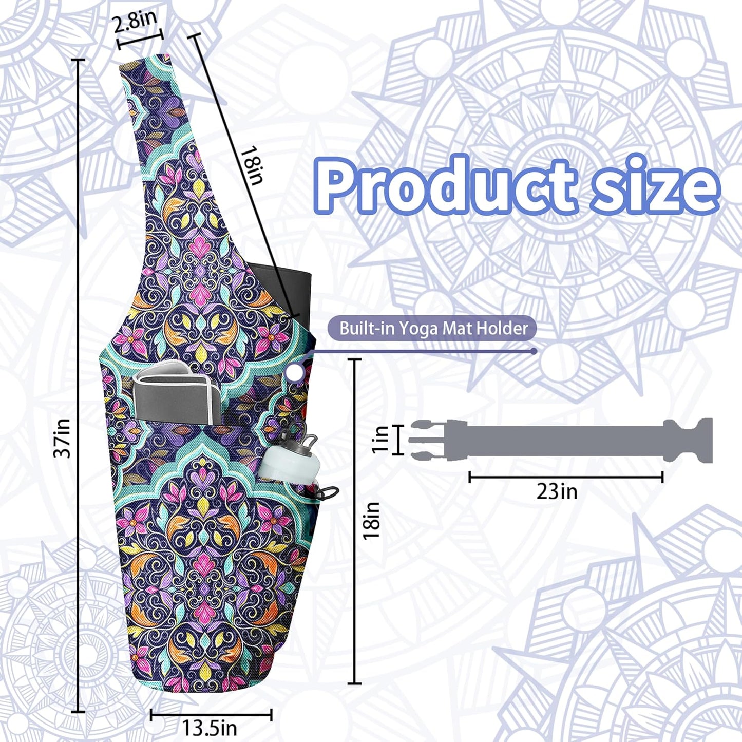 Yoga Bag for Women, Large Yoga Mat Bag Tote Carrier with Wet Dry Pocket, Water Bottle Holder & Adjustable Strap, Fits 1/2" Thick Yoga Mat for Gym, Pilates, Travel, Work