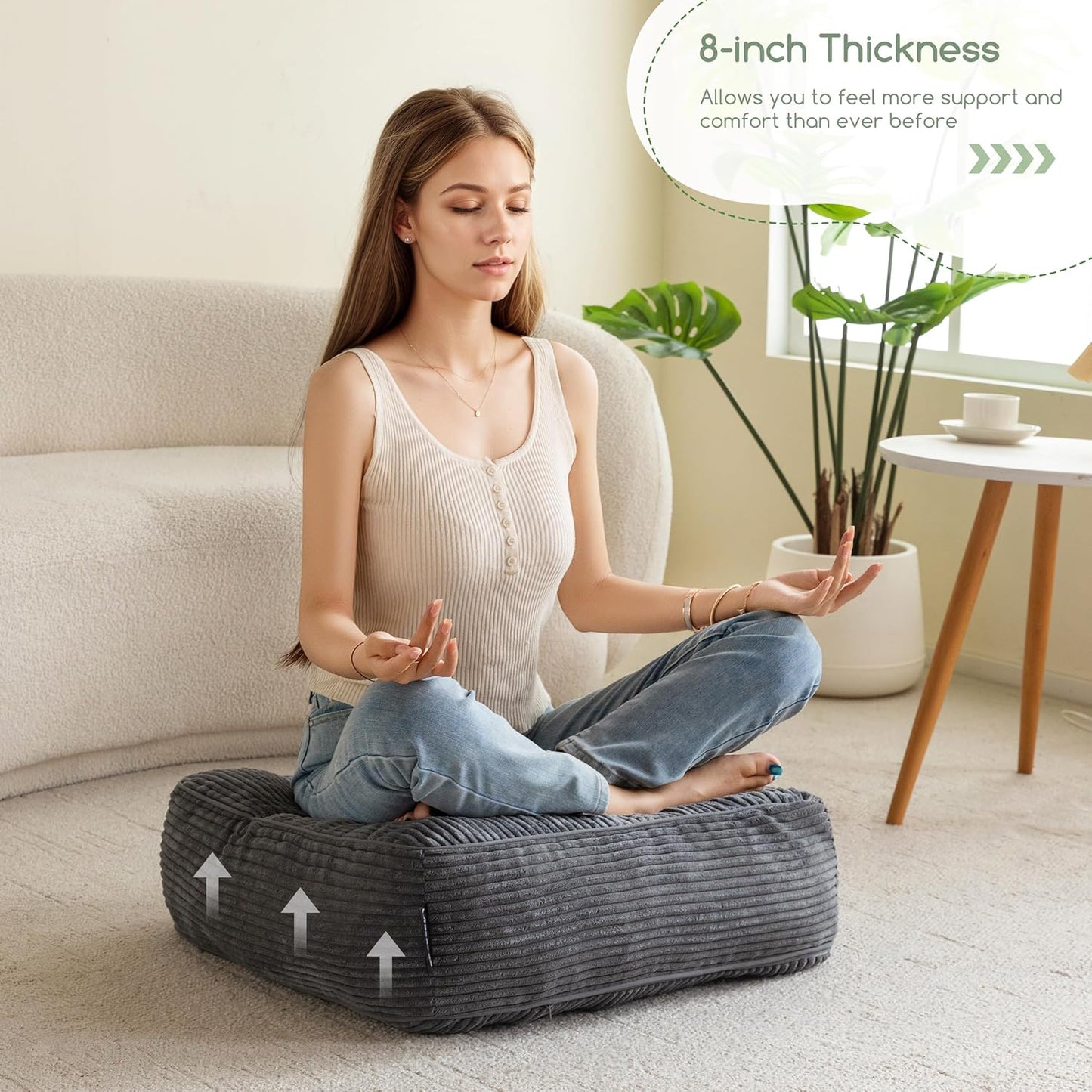 HIGOGOGO Floor Pillow Cushion for Adults, Meditation Cushion Pillow, Large Square Floor Sitting, Tufted Corduroy Cover, for Tatami Living Room or Yoga, 22x22 Inch, Dark Grey