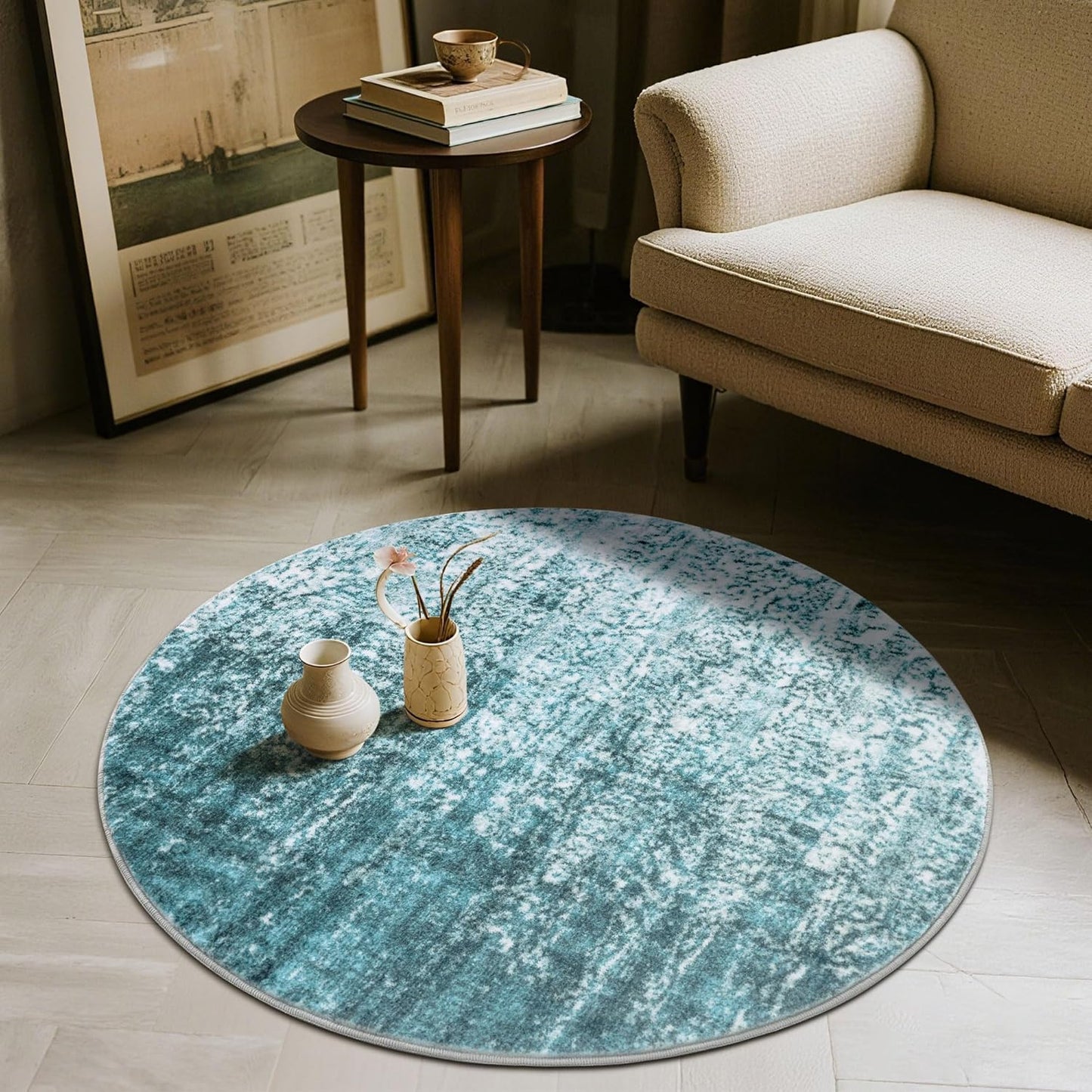 Carvapet 4ft Washable Round Rugs, Modern Abstract Circle Rug, Non Slip Rubber Backing Foldable Low Pile Carpet for Living Room Bedroom, 4ft Red/Orange Rug