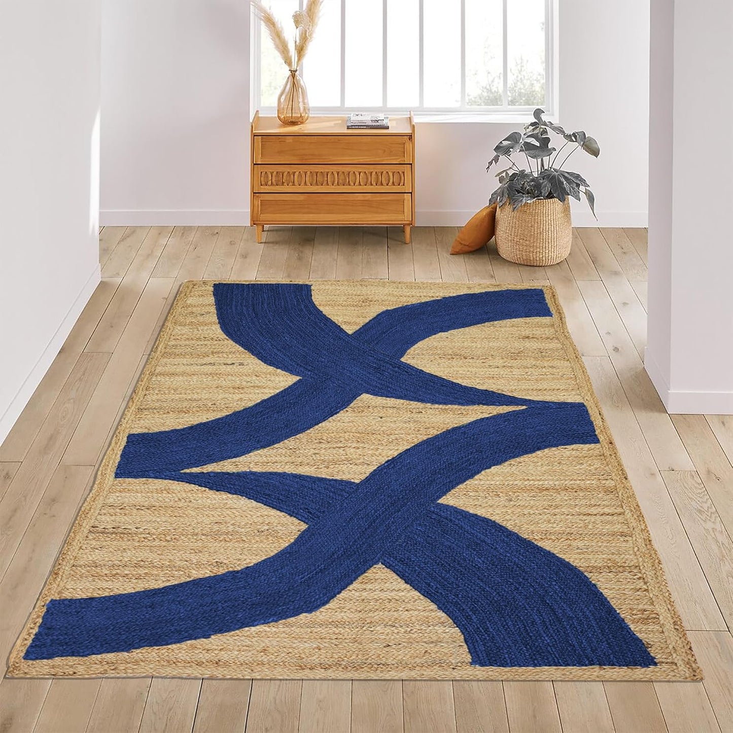 Premium Quality Jute Rug 4x6 Feet Area Rug Natural Fiber Jute Rugs Thick 0.27" Black Abstract Pattern Geometric Rugs for Kids Room, Living Room, Yoga Mat, Indoor Outdoor Carpet - Colors A